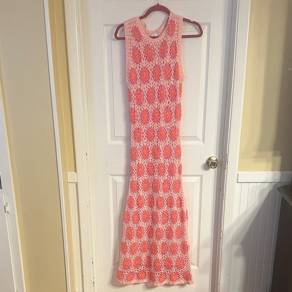 Chic Crochet Maxi Dress in Pink and Orange